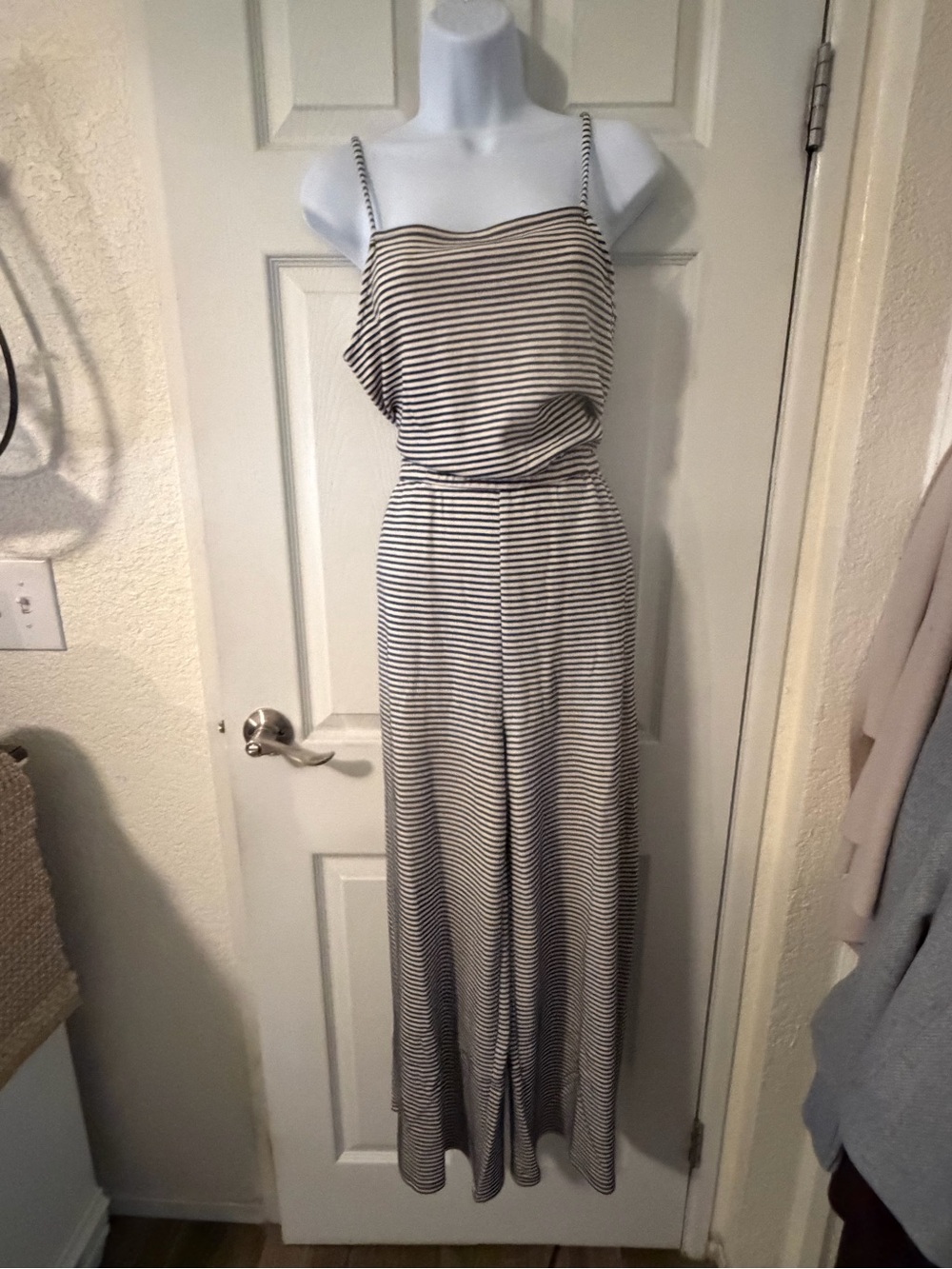 LOFT Cream and Black Striped Spaghetti-Strap Jumpsuit